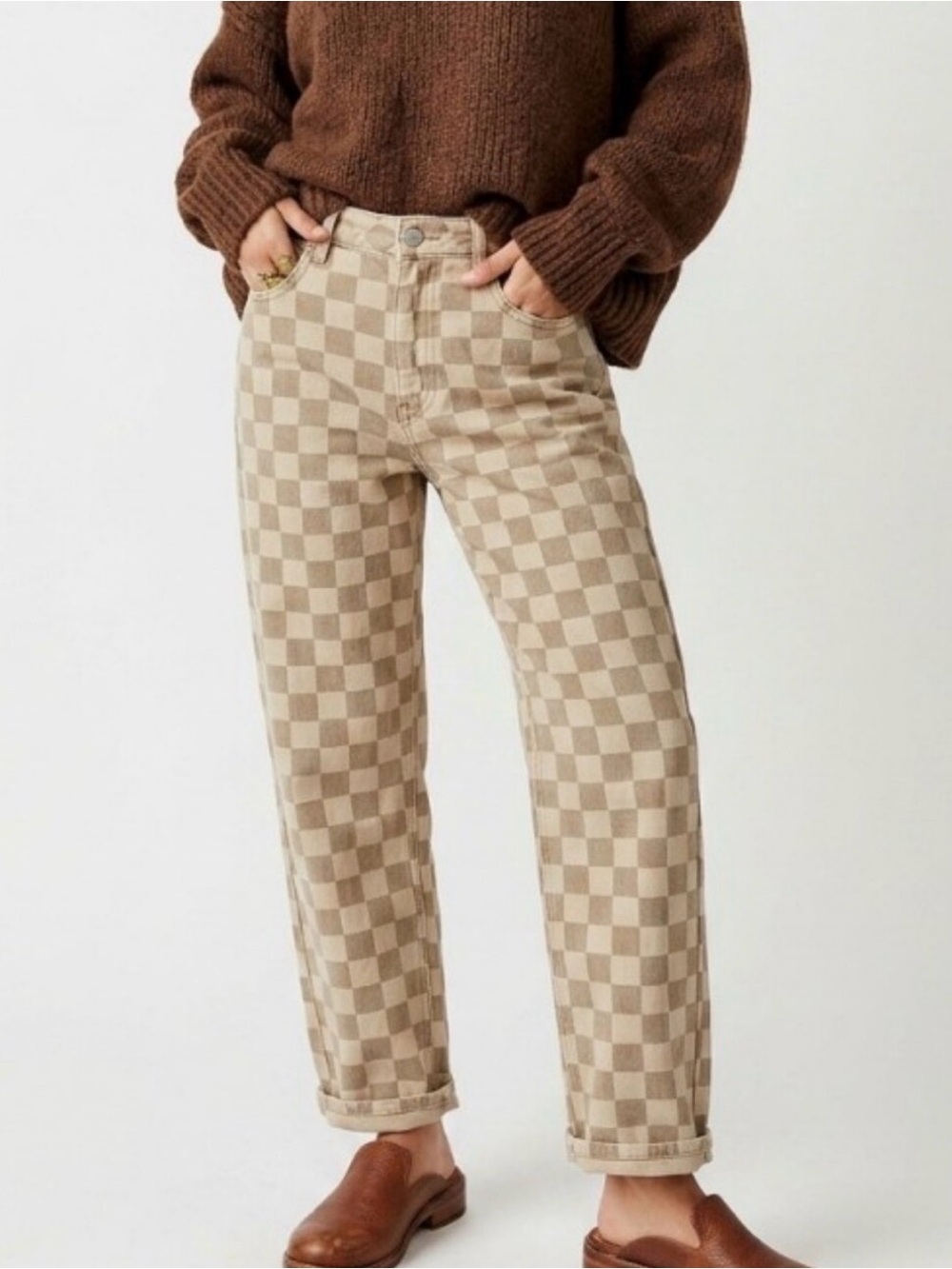 Checkered High-Rise Straight Jeans